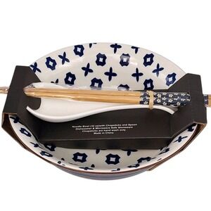 SH Home‎ Blue Chinese Ceramic Ramen Noodle Bowl 32oz With Chopsticks And Spoon
